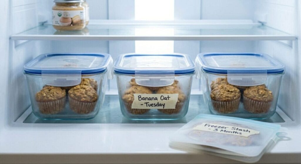 A refrigerator shelf organized with clear glass containers storing healthy banana oat muffins, labeled for easy access as nutritious snacks for babies.