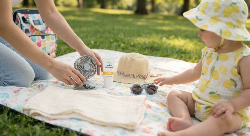 A flat-lay view of essential baby summer safety gear like sunscreen, a sun hat, and a fan, organized on a picnic blanket, perfect for a summer safety guide.