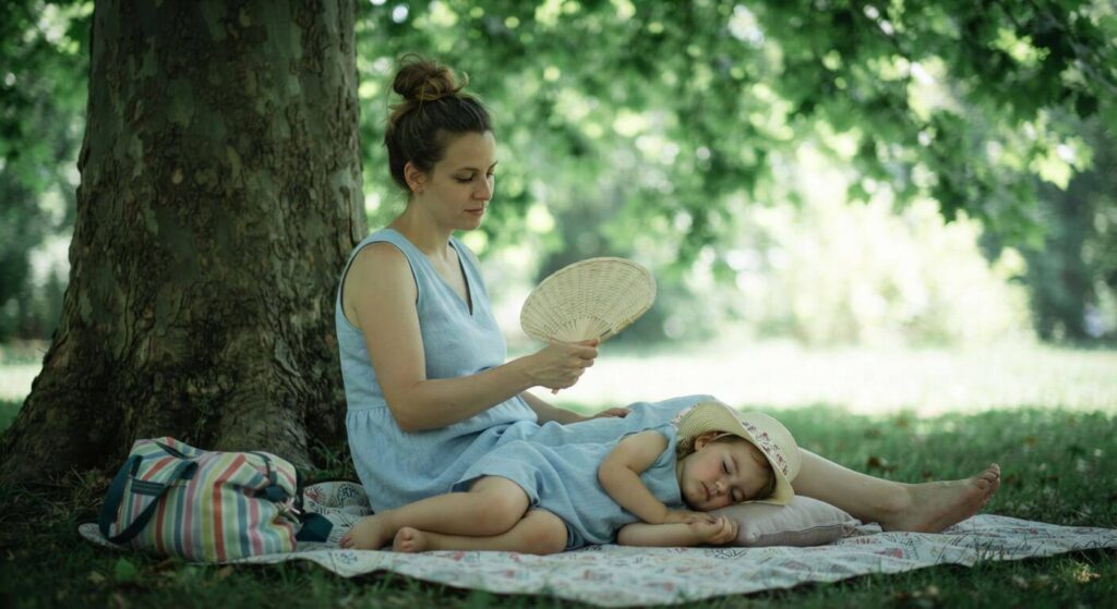 A mother and toddler resting in the cool shade of a park tree, demonstrating a key tip for keeping babies safe and cool during summer heat.