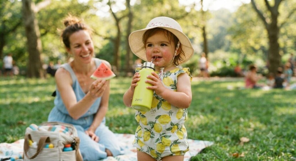 A joyful toddler drinking from a reusable water bottle in a sunlit park, demonstrating healthy summer hydration habits for active children.