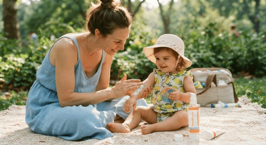 Mother gently applying baby-safe mineral sunscreen to her toddler's arm on a picnic blanket, demonstrating essential baby sun protection steps.