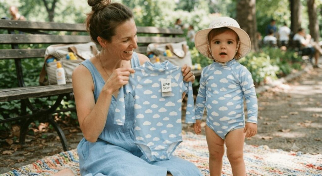 Mother showing a long-sleeved UPF 50+ swim romper to her toddler in a park, illustrating the benefits of sun-protective clothing for babies.