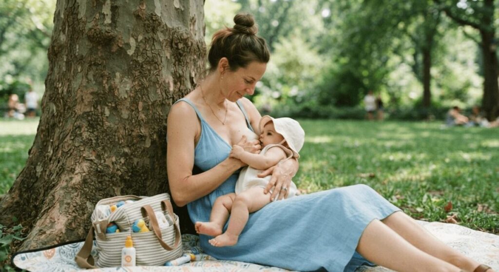 A candid shot of a mother breastfeeding her infant daughter in a shaded park, illustrating that babies get necessary summer hydration from breastmilk.