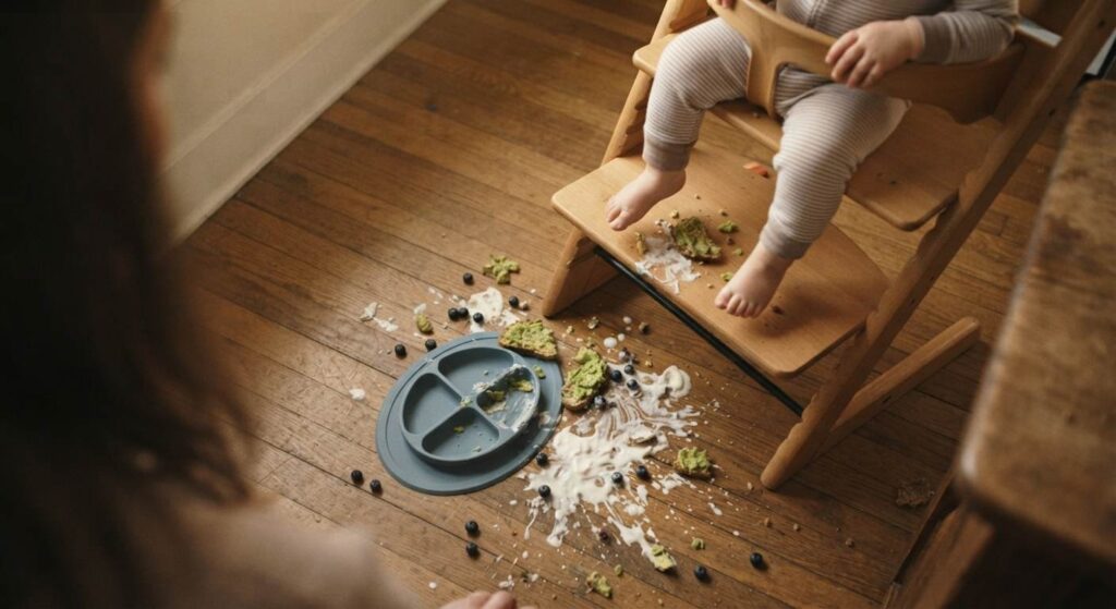 A parent's view of a messy high chair and floor after a toddler threw a dairy-free and egg-free breakfast, showing the reality of picky eating.