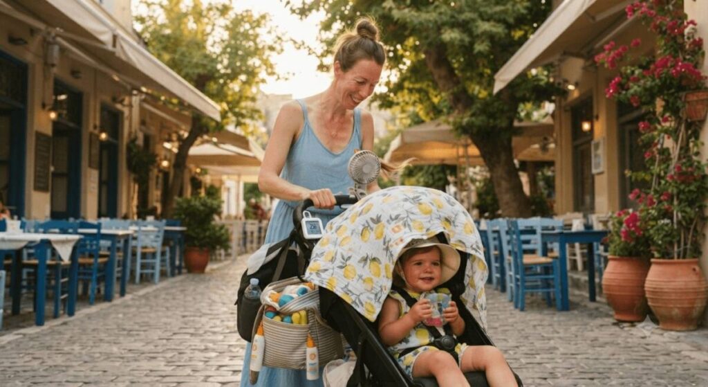 Candid photo of the mother and toddler from Athens, now cool and happy in a shaded area. The stroller has a proper shade and fan, and a thermometer shows a safe temperature, illustrating successful summer safety for babies.