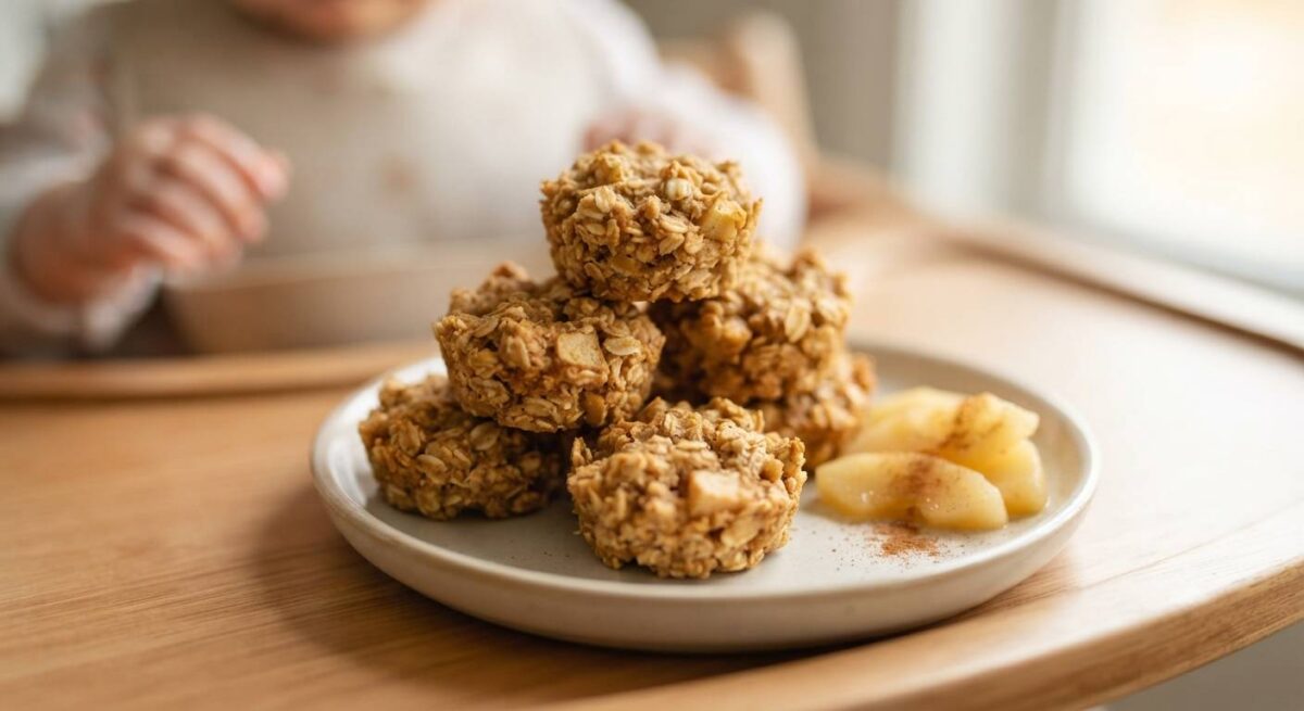 Close-up of homemade Apple Oat Breakfast Bites on a plate, perfect BLW breakfast ideas for 6-month-olds. The food is in sharp focus while a baby in a highchair is blurred in the background.