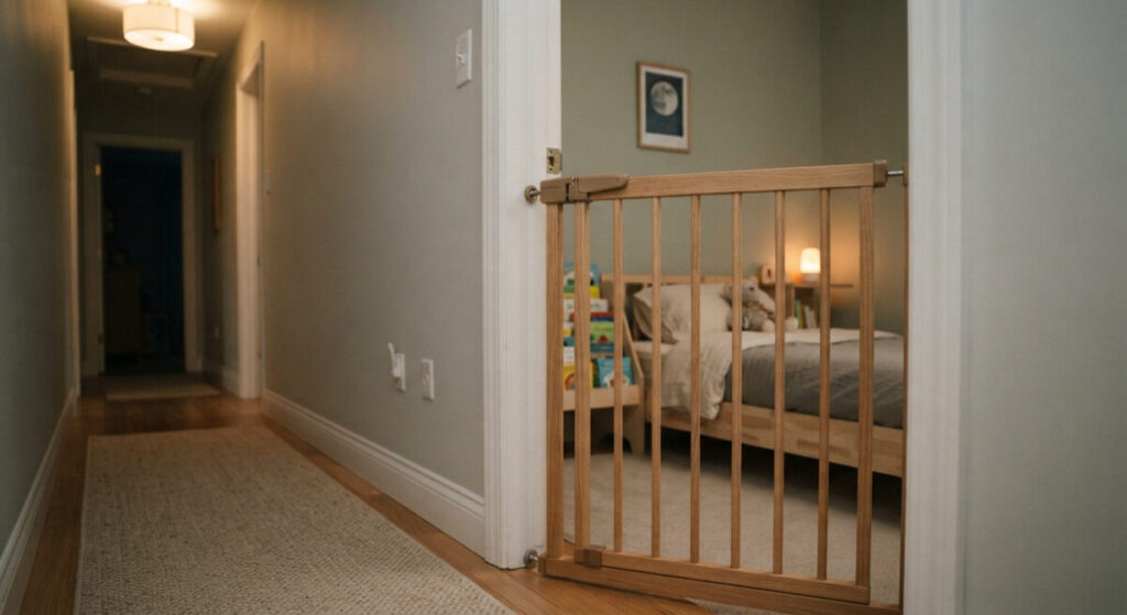 A secure doorway safety gate helping manage boundaries while moving toddler to big bed.