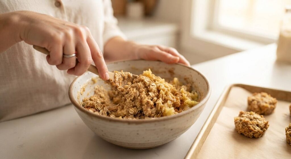 Close-up of rustic Apple Oat Breakfast Bites on a plate, a featured image for easy apple recipes for toddlers, with a baby in a highchair blurred in the background.