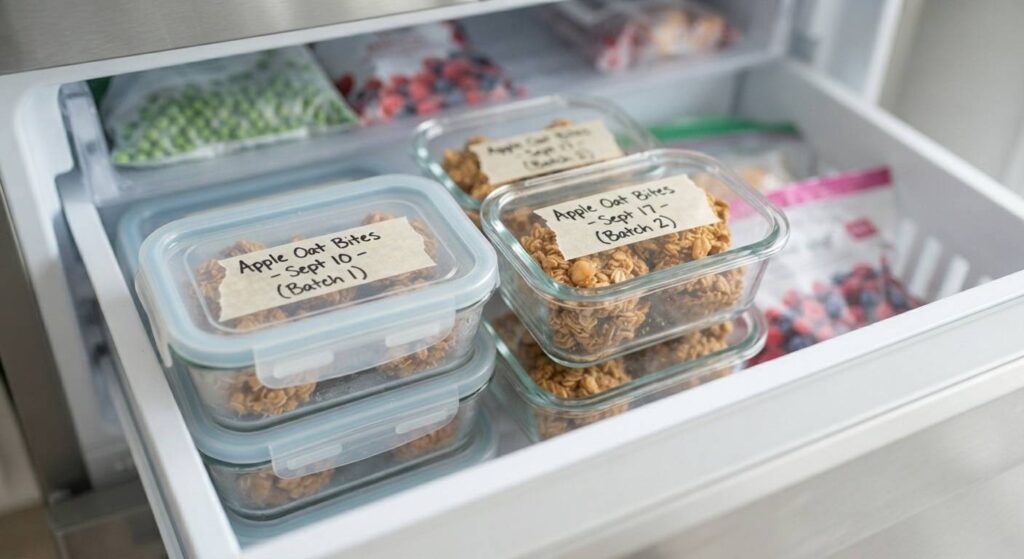 An organized freezer drawer stocked with multiple clear glass meal prep containers filled with Apple Oat Breakfast Bites, demonstrating a bulk storage guide for baby-led weaning.