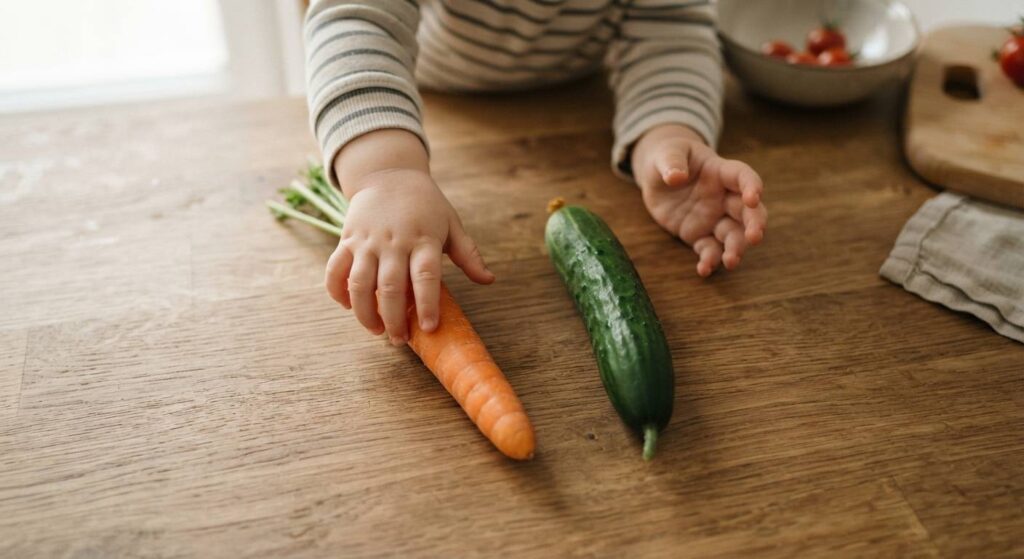 Toddler making a choice between two healthy vegetable options on a kitchen counter.
