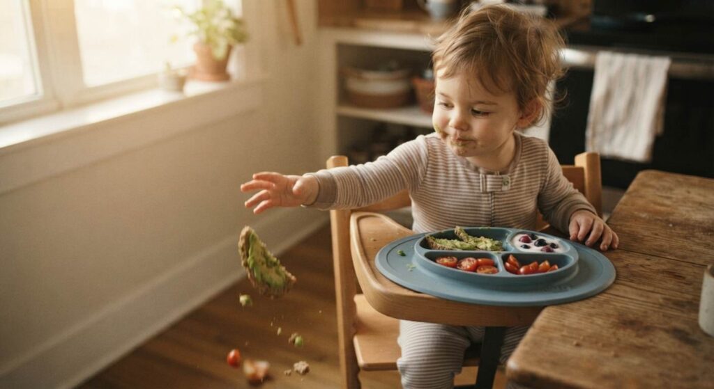 Toddler throwing a healthy breakfast on the floor, illustrating the reality of using healthy breakfast recipes for picky toddlers without dairy or eggs.