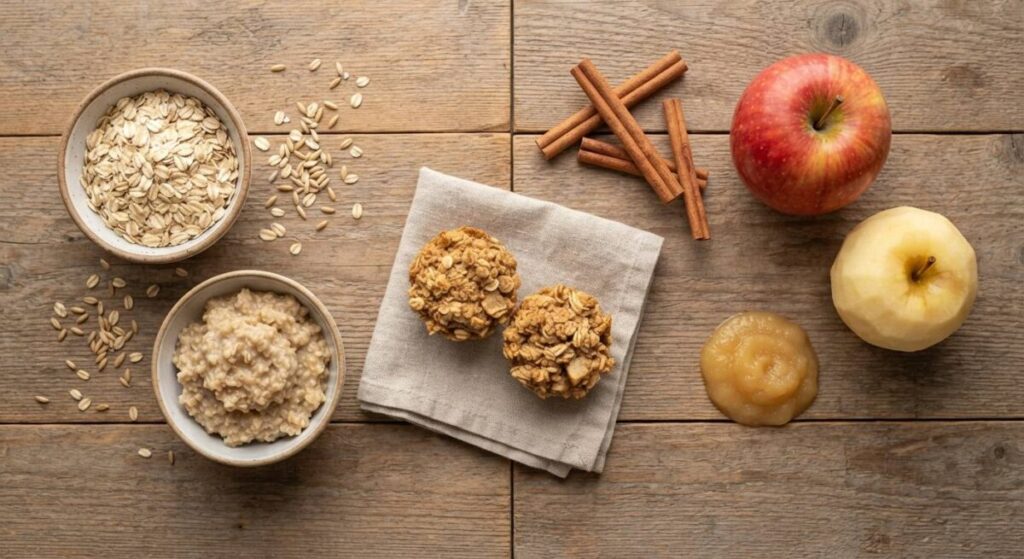 Flat lay of healthy ingredients for baby-led weaning snacks including oats, apples, and cinnamon on a wooden table, representing healthy homemade baby-led weaning snacks.