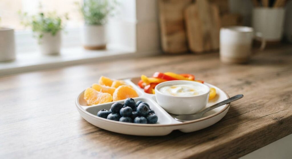 Healthy colorful snacks like berries and yogurt prepared for a toddler to help boost immunity naturally.