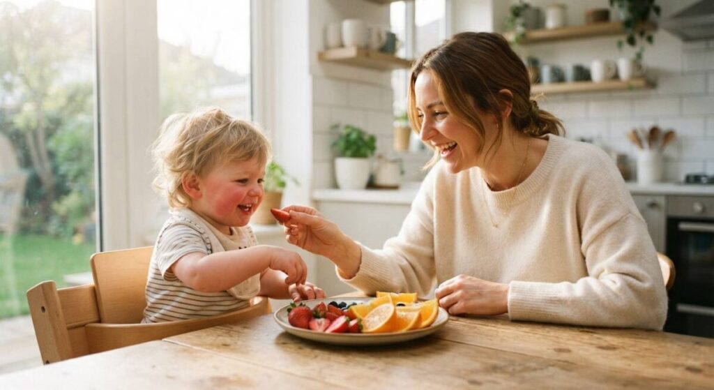 A happy toddler enjoying a healthy snack of colorful fruits while sitting with a parent, focusing on how to boost toddler immunity.