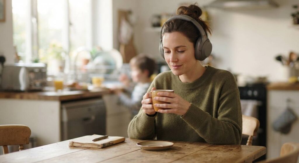 A mom practicing self-care by wearing noise-canceling headphones, a practical way how to deal with sensory overload.