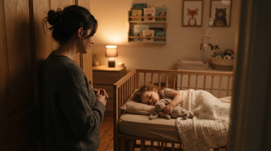A parent observing a sleeping toddler in a cozy, dimly lit nursery, offering a realistic perspective on how to get a toddler to sleep through the night.