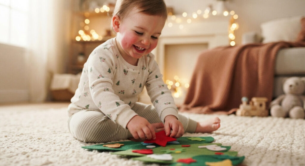 A toddler happily decorating a felt Christmas tree ornament as a low-mess holiday activity at home