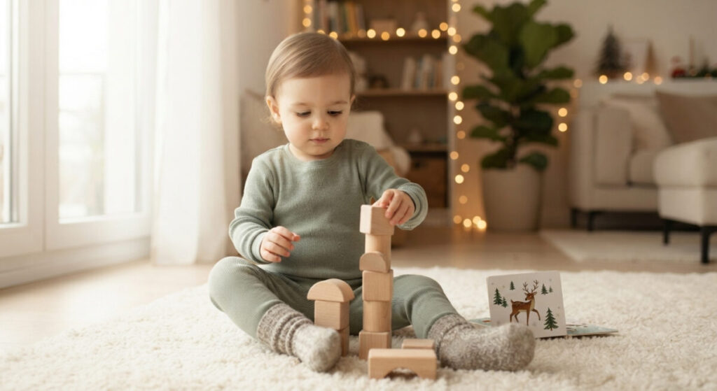 A focused toddler engaged in a quiet holiday activity at home, perfect for low-mess holiday activities for toddlers.