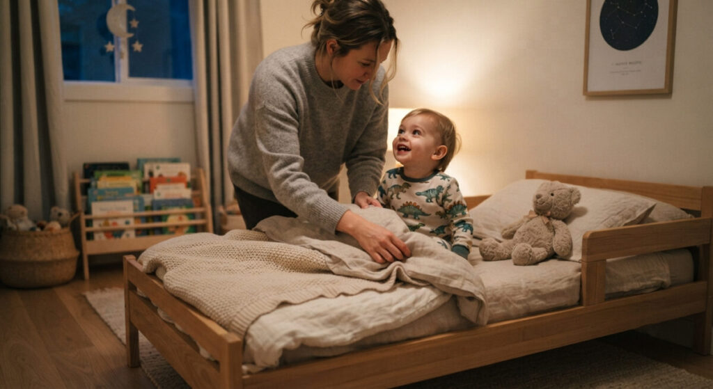 A mother tucking her excited toddler into a new big bed, illustrating the moving toddler to big bed transition.
