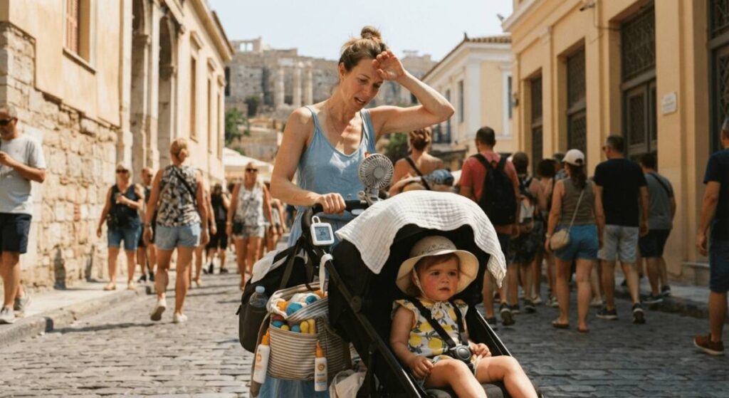 A candid close-up of a mother in Athens struggling with her hot toddler in a stroller on a crowded cobblestone street, illustrating a summer safety guide fail. A small thermometer shows high heat.