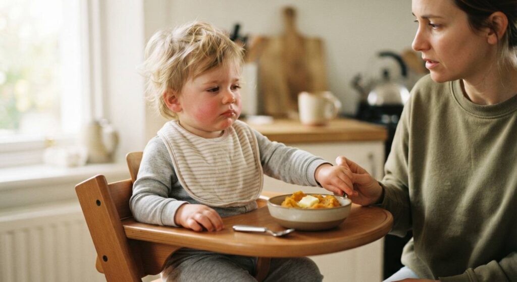 A picky toddler turning their head away from a bowl of food while feeling sick, sitting in a high chair at home.