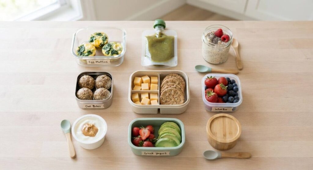 A toddler in a car seat happily eating a healthy grab-and-go breakfast during a busy morning commute.