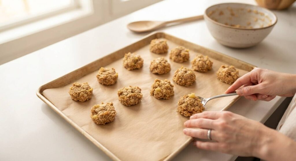 Raw, shaped Apple Oat Breakfast Bites on a parchment-lined baking sheet, ready for the oven, demonstrating the final preparation step of this easy baby-led weaning recipe.