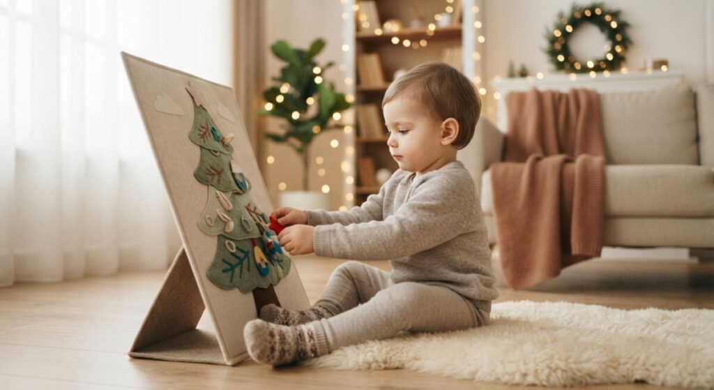 A toddler enjoying sensory-based holiday play ideas with a soft felt board for quiet, independent play.