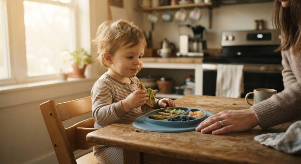 10-minute toddler breakfast ideas for busy mornings featuring a simple, healthy meal on a wooden table.