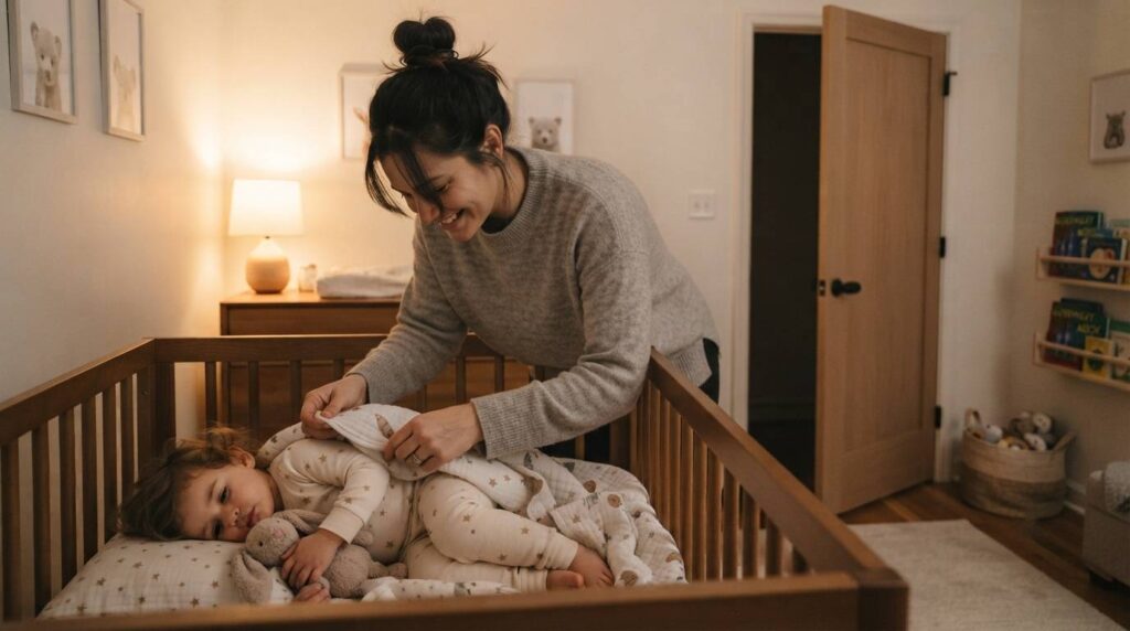 A toddler playfully refusing to sleep in a crib, with a parent smiling patiently, capturing a realistic bedtime negotiation moment.