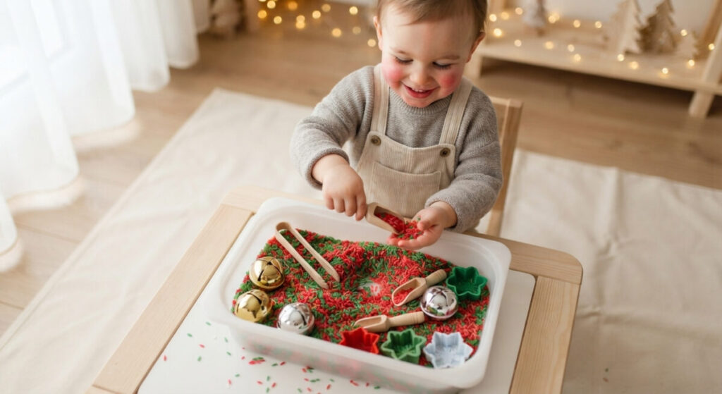 A toddler exploring a sensory Christmas bin filled with colored rice and scoopers as a stress-free holiday craft