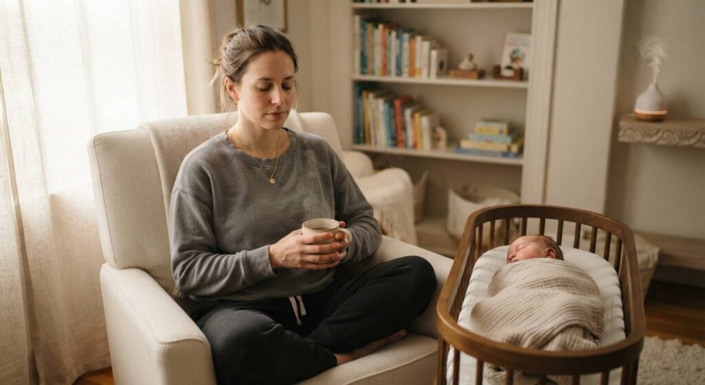 Exhausted mother taking a quiet moment to meditate and drink tea in the nursery while her baby sleeps in a crib nearby