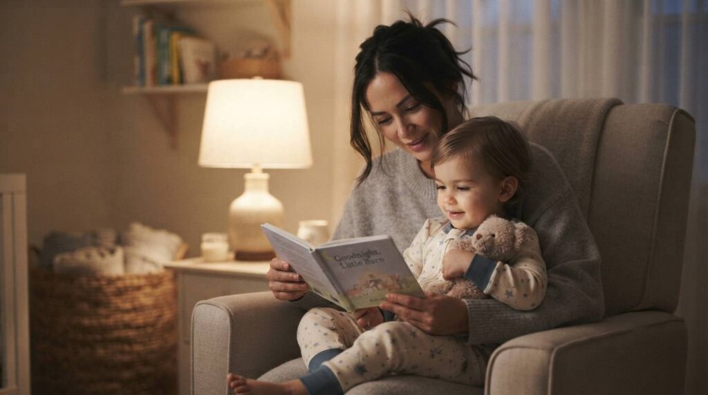 A parent reading a bedtime story to their toddler in a cozy, dim room, highlighting the consistency and calm of a repetitive bedtime routine.