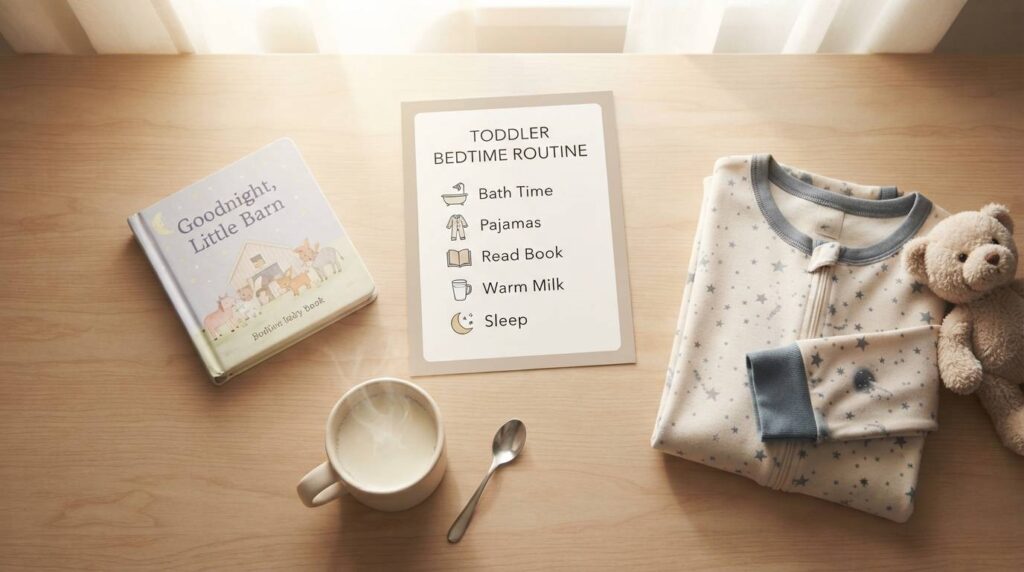 A flat lay image of a toddler bedtime routine checklist, pajamas, and a storybook on a wooden table, helping parents overcome toddler bedtime routine struggles with a structured and calm routine.