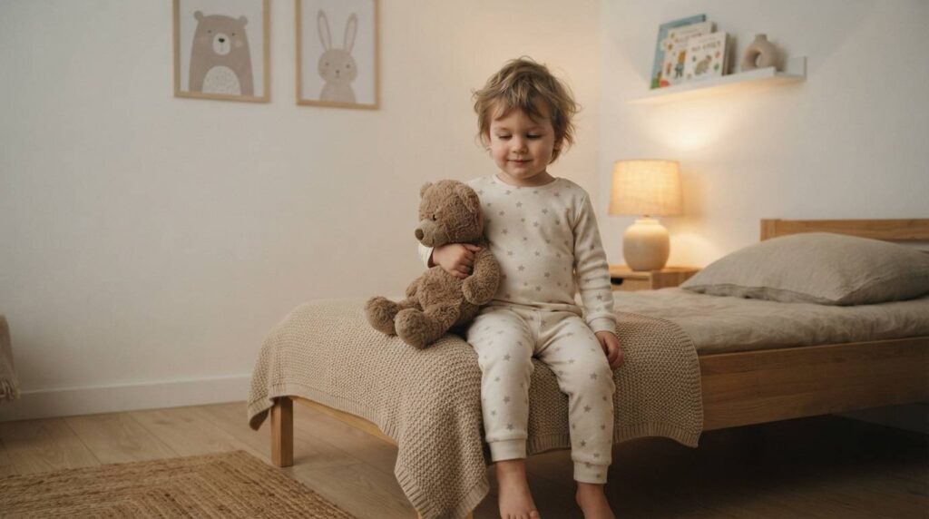 A peaceful toddler sitting on a bed in a softly lit nursery, illustrating how a calm routine helps resolve common toddler bedtime routine struggles.