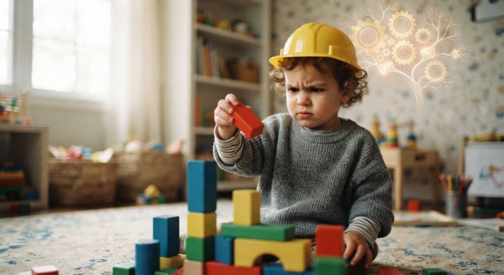 A toddler wearing a toy hard hat playing with blocks, used as a metaphor for their developing brain and social skills.