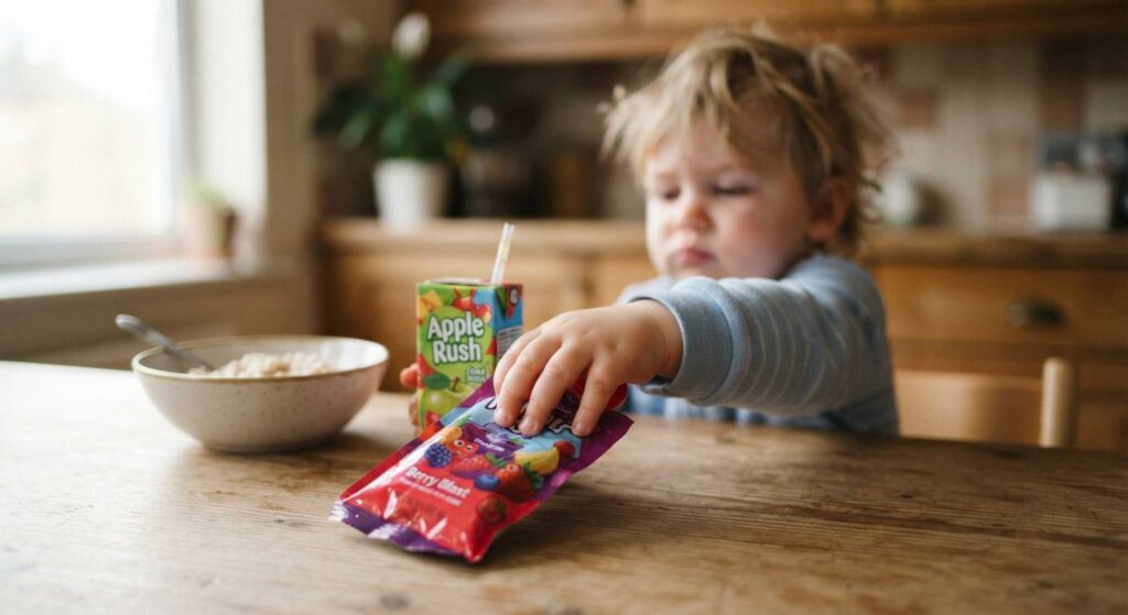 A toddler reaching for a sugary fruit snack and juice box that should be avoided during a cold.