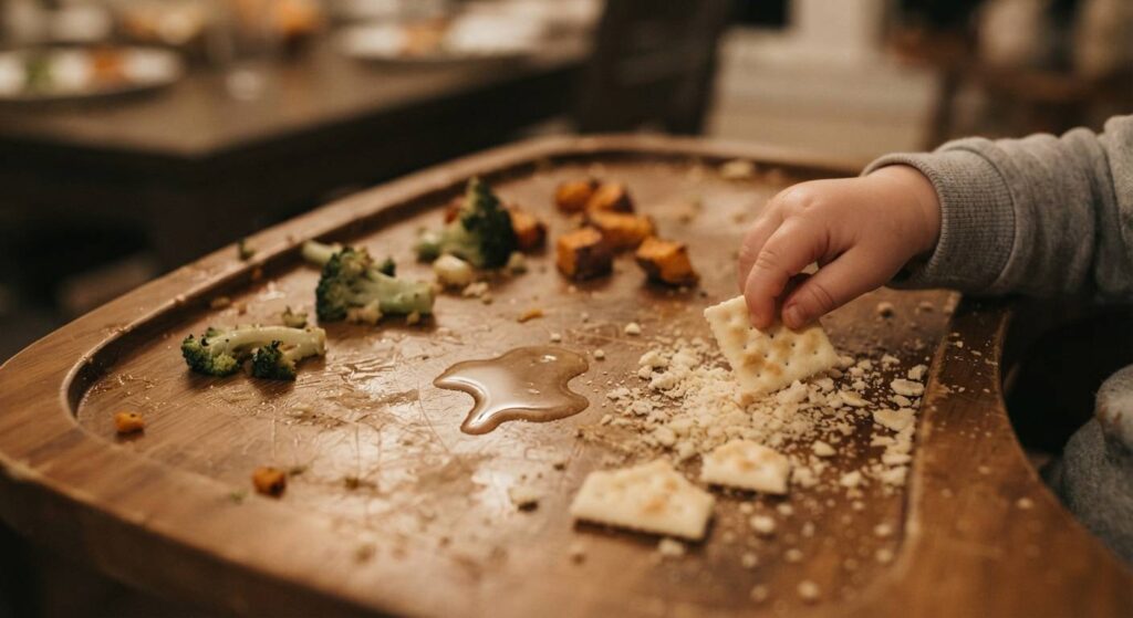 Messy high chair tray filled with cracker crumbs and rejected vegetables after dinner.