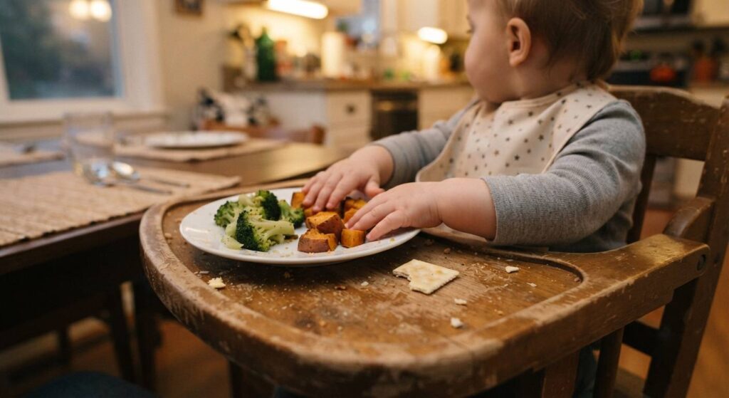 Tired mom struggling with toddler food refusal strategies during a dinner battle.