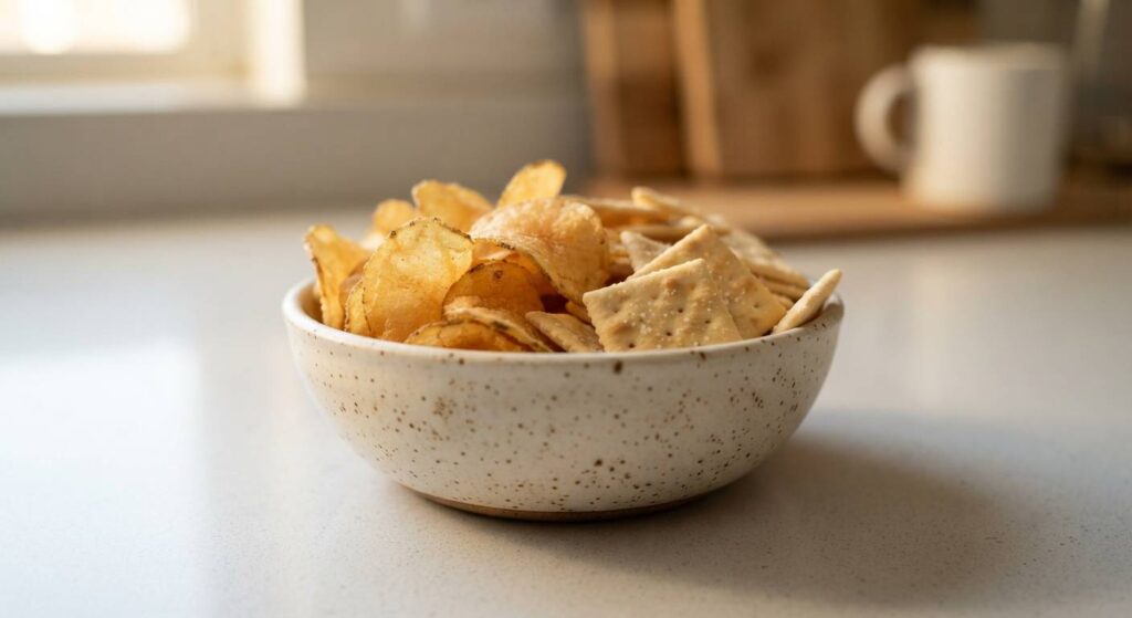 A bowl of crunchy potato chips and dry crackers that can irritate a sore throat in a toddler.