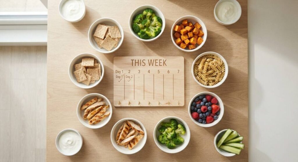 A visual guide to a weekly healthy meal plan for toddlers, showing a variety of balanced food options
