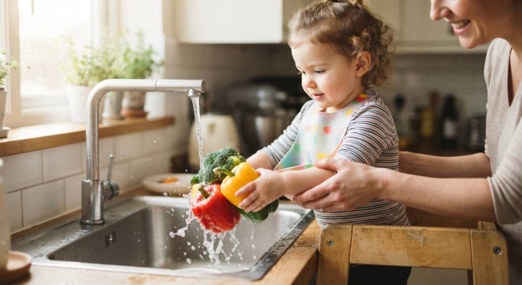 A toddler helping their mother rinse vegetables in the kitchen sink to encourage healthy eating.