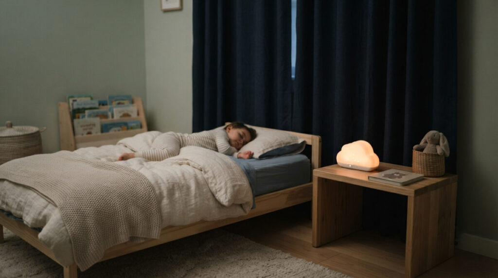 A dark, calm nursery with blackout curtains and a toddler clock designed to ease the toddler bed transition.