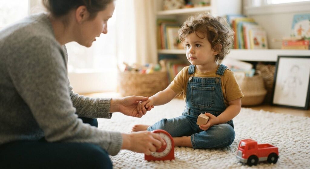 A parent gently uses a kitchen timer to help a toddler understand taking turns with a wooden block and a red truck, illustrating a positive parenting strategy.