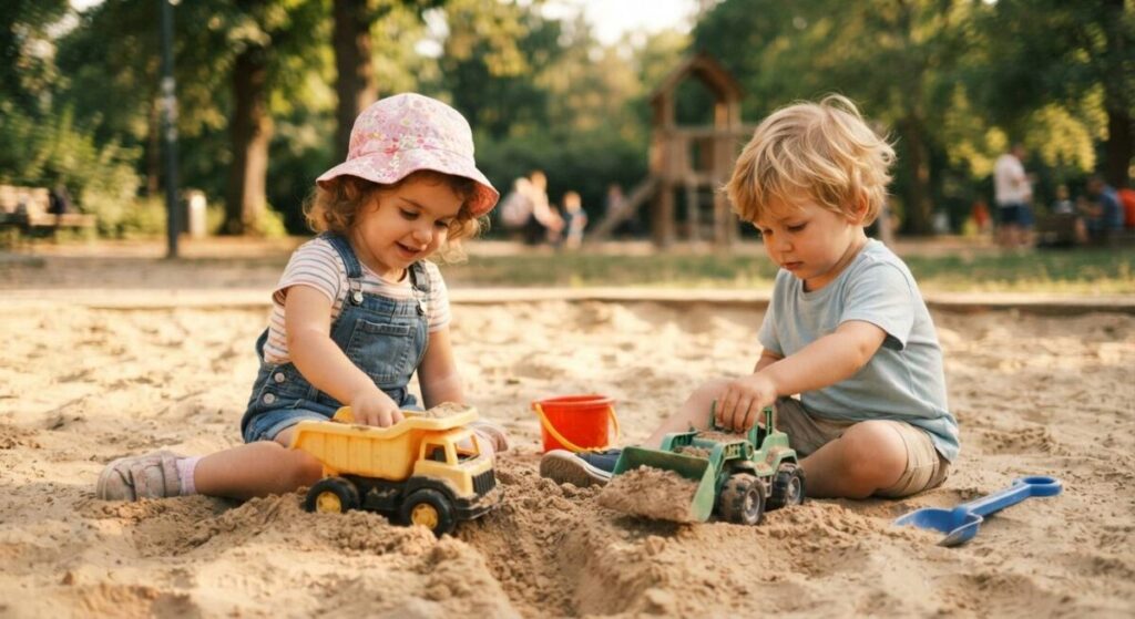 Two toddlers sitting side-by-side in a sandbox, each playing with their own toy truck, demonstrating the concept of parallel play.
