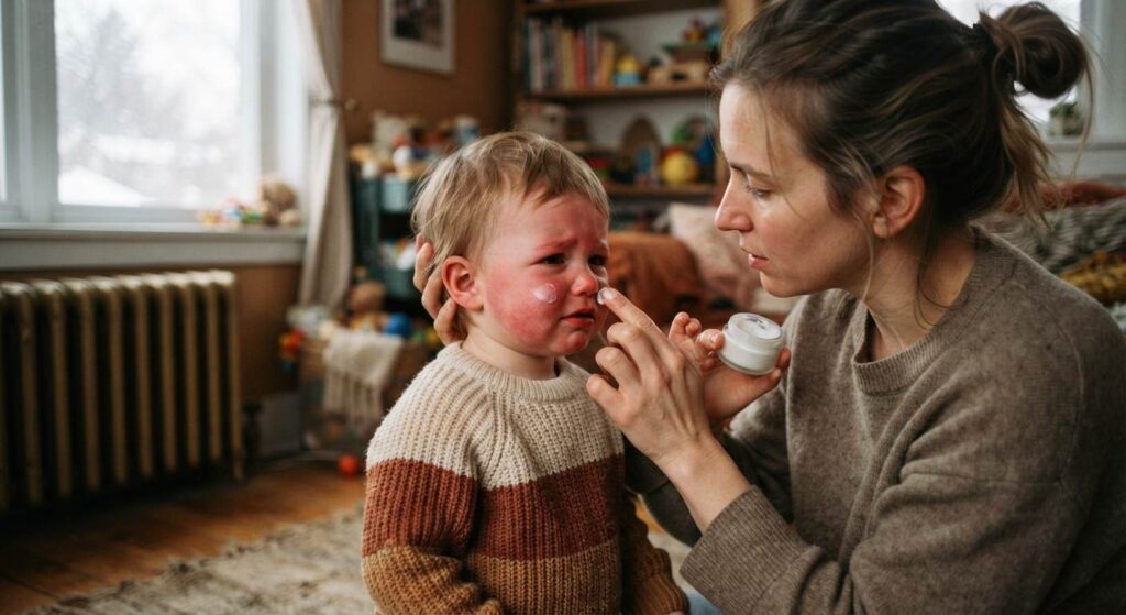 Upset toddler with wind-chapped red cheeks being gently soothed with moisturizing cream by mom in a cozy winter living room.