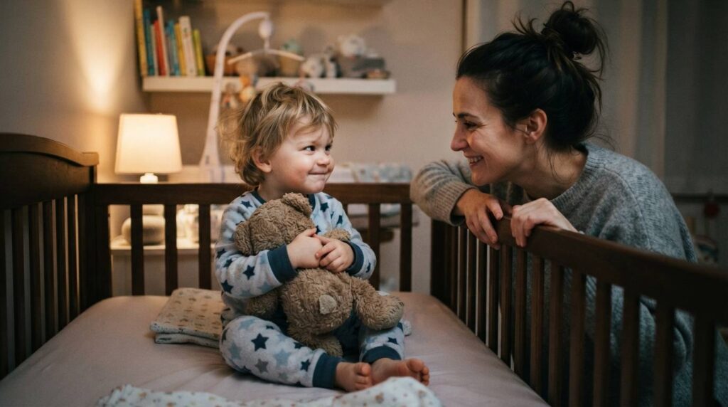 A single mother in a grey sweater gently tucks a sleeping toddler into a wooden crib, smiling tenderly in a warm, softly lit nursery.