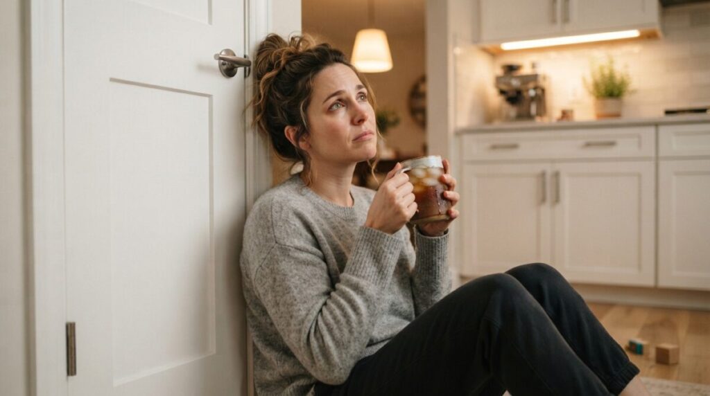 A parent taking a much-needed break on the kitchen floor while learning how to handle potty refusal without losing your mind.