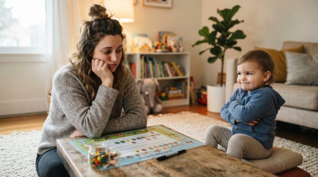 A parent trying to navigate toddler holding poop during potty training using a sticker chart and snacks as gentle motivation.